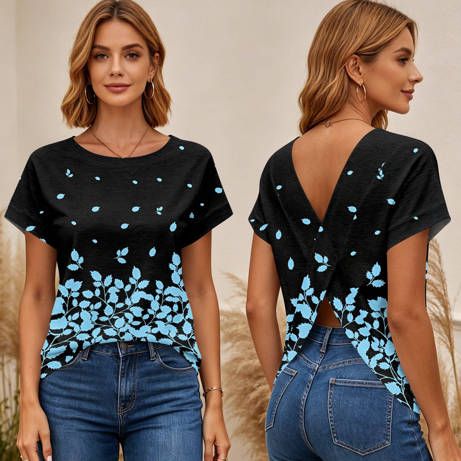 

Womens Floral Print Short Sleeve T Shirt Cross Back Open Back Tee Casual Summer Top Lightweight Breathable Fabric L