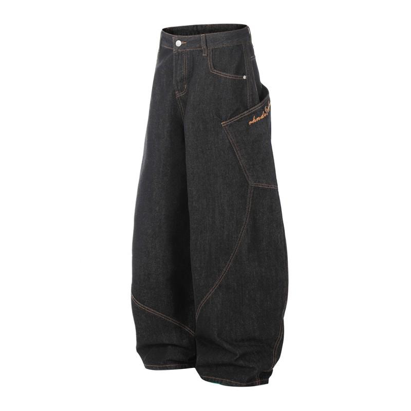 Mens Vintage Raw Washed Denim Jeans Straight Cut Loose Fit Workwear Style Casual Pants