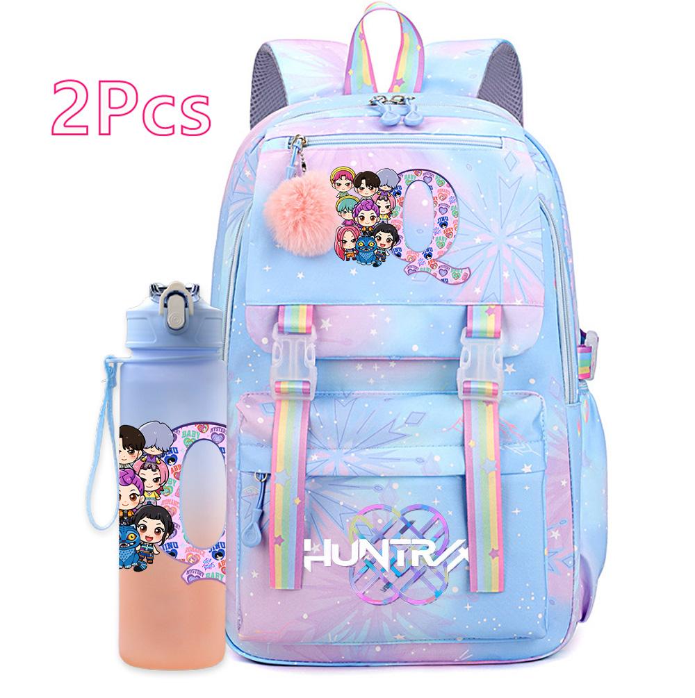 2Pcs/set K-pop Printed Backpack with 750Ml Water Bottler Large Capacity Travel Bag for Teenager Girl Boy Bookbag Kid Gift Large Capacity Bag Mochila