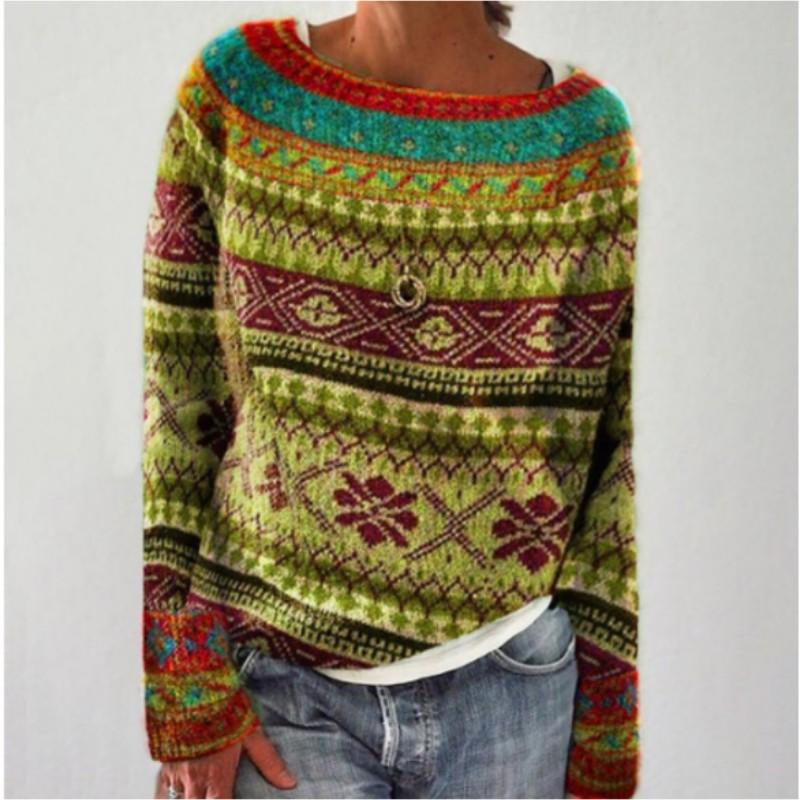 Women's Loose Pullover Knit Sweater Long Sleeve Round Neck Color Blocking Sweater