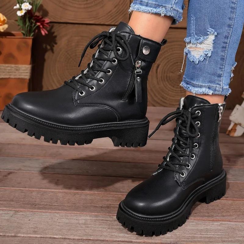New Women Platform Boots Solid Color Lace Up Side Zipper Ankle Boots Winter Women Shoes Large Size Ladies' Shoes