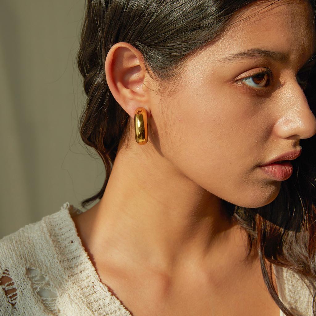 Yori Stainless Steel C Shape Round Chunky Unusual Earrings Jewelry Waterproof Metal Texture Attractive Women Accessories Gift