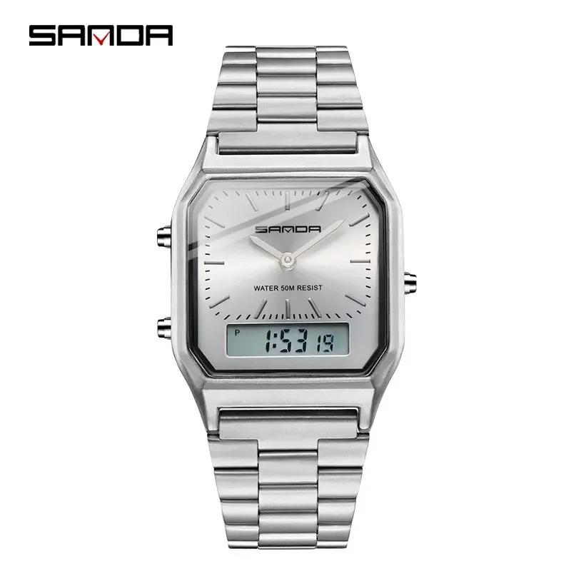 SANDA P747 Watch Luxury Mens Style Watches Stainless Steel Women LED Digital Dual Display Clock Unisex Waterproof Sports Quartz