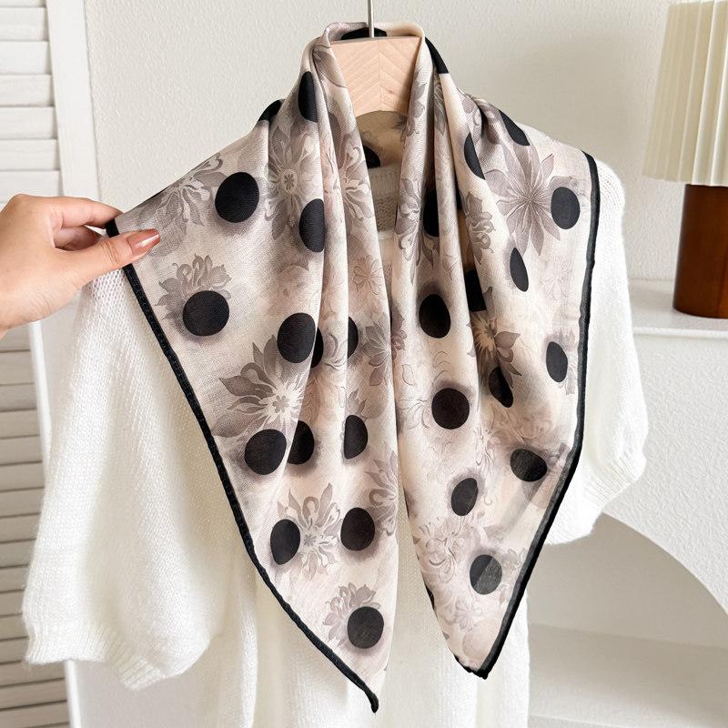White polka dot peony flower small square scarf cotton and linen silk scarf women's high-end neck yarn air-conditioned room scarf shawl thin