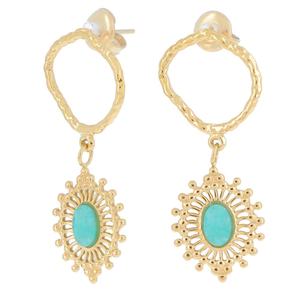 Les Trésors De Lily [R4421] - Golden Green 'Cléopatra' Steel Designer Earrings - 35x15 Mm (amazonite)