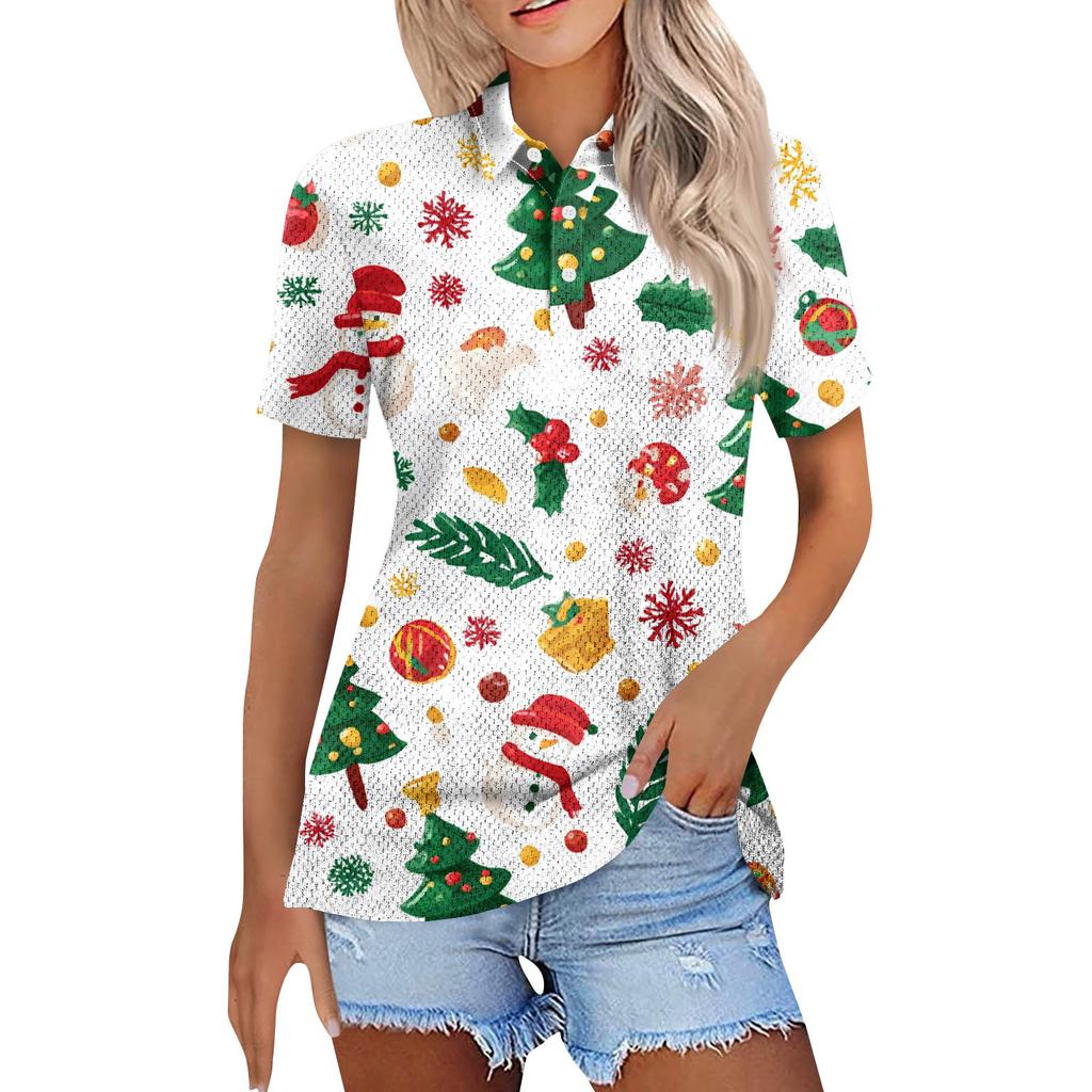 Dámská móda Neformální košile s potiskem s klopou a krátkým rukávem Dámské topy se zapínáním na knoflíky