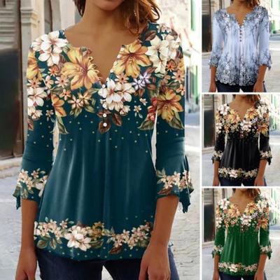 Women 3D Flower Print Pullover T-Shirt Top Loose Hem V-neck Buttons Half Placket 3 4 Sleeves Streetwear Blouse