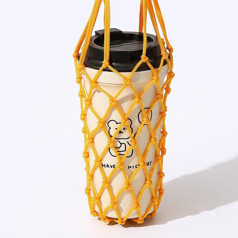 Portable Hand Woven Mesh Bag Hollow Out Handheld Coffee Bag Reusable Water Cup Bag