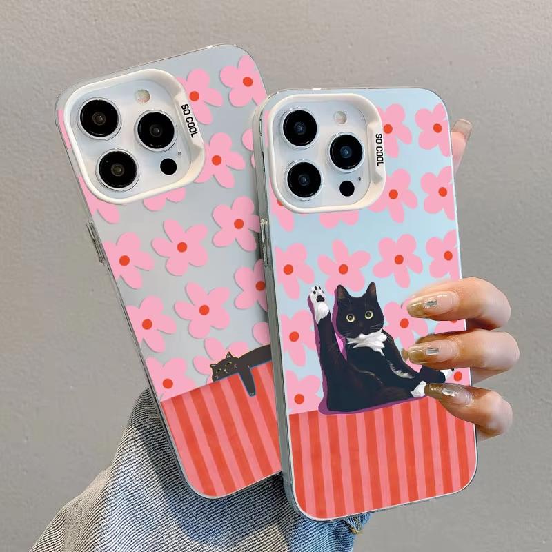 Pink Flower And Black Cats Pattern Phone Case For iPhone 17 Pro Max 16 15 Pro 14 13 Mini 12 11 XR XS 17Air Plus Hard Matte Cover