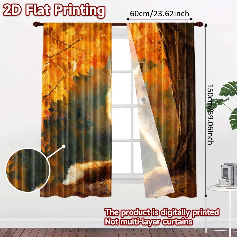 2pcs   2D FLAT PRINTING Curtains (Without Rod) Autumn Fox Scene Chic Print Curtains Festival Durable Polyester Curtains Thermal