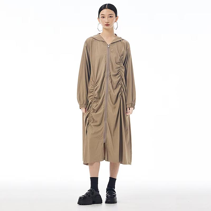 

XITAO Pleated Zipper Hooded Full Sleeve Dress HQQ2440 One Size хаки