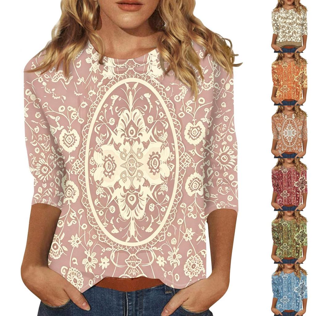 Women's Casual Loose Fit Top Three Quarter Sleeve Blouse with Fashion Printed Pattern Lightweight Comfortable Fabric