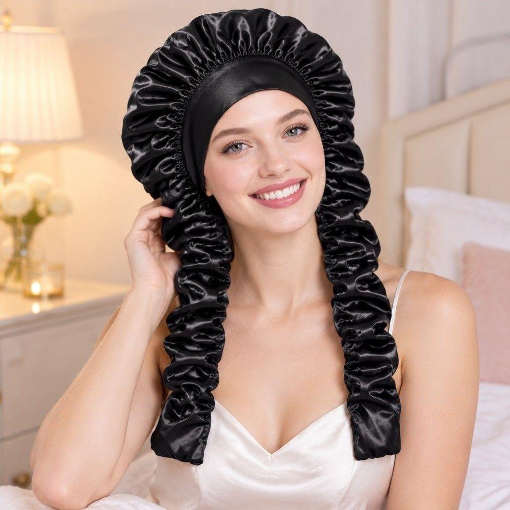 Lightweight Satin Sleep Cap Adjustable Ribbon Tie Ruched Long Tube Hair Cap Hair Protection