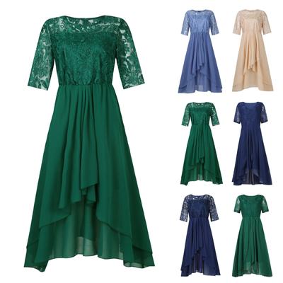 Damen Kleid Chiffon Elegant Spitze Patchwork Kleid Ausschnitt Langes Kleid Brautjungfer Abendkleid