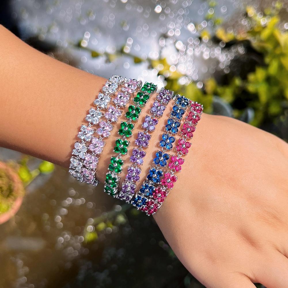 Pera Lovely White Gold Color 4 Leaf Flower Cubic Zirconia Women Fashion Jewelry Tennis Chain Bracelet Bangle with Red Stone B008