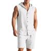 Men's Linen Set, Solid Color Lightweight Hooded Sleeveless Shirt And Elastic Waist Breathable Shorts, Two-piece Set, Men's Vacation Beach Set