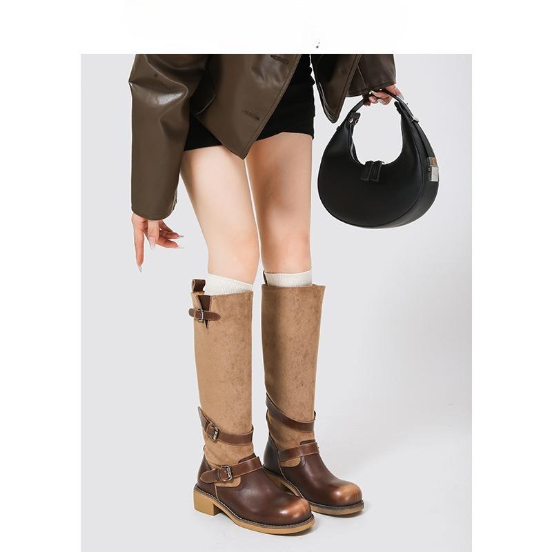 Retro Shoes, Round-toed Thigh-high Ankle Boots, Belt Buckle High Ankle Boots, Women's Long Ankle Boots