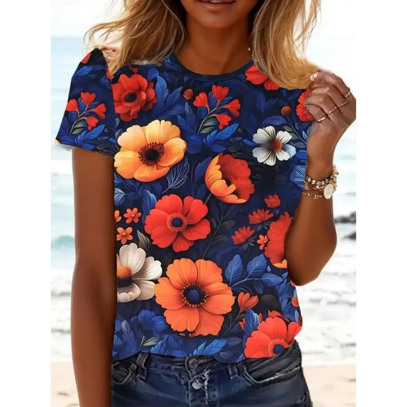 Fashion Women s Flower Short Sleeve Crew Neck T-Shirt 3D Flower Color Printing XS