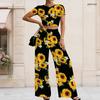 Women Plus Size Printed Grey Round Neck Short Sleeve Crop Top Wide Leg Pants Two Piece Set