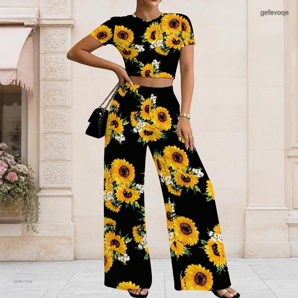 Women Plus Size Printed Grey Round Neck Short Sleeve Crop Top Wide Leg Pants Two Piece Set