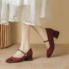 Shallow single shoes women's spring new French square head thick heel Mary Jane shoes women's burgundy high-heeled single shoes