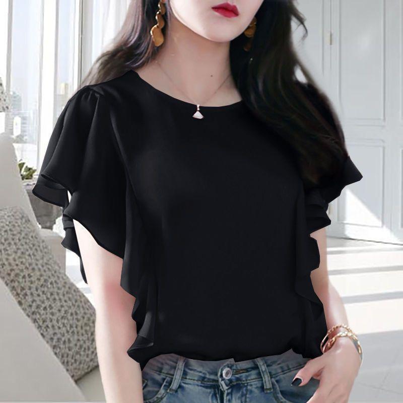 Summer Thin Temperament Ruffled Chiffon Shirt Short Sleeved T-shirt Women's Solid Patchwork Round Neck Korean Fashion Loose Top