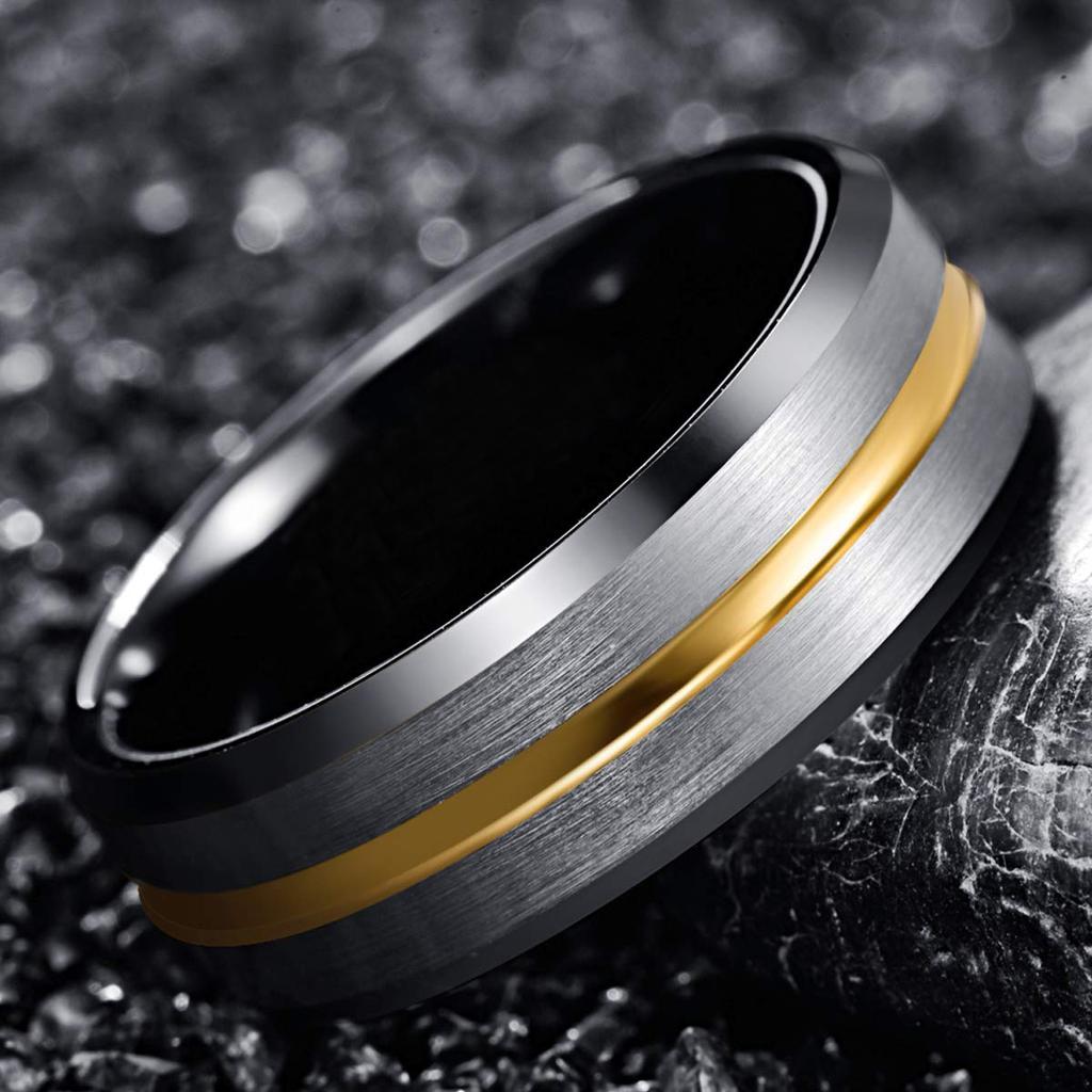 8mm Gold Color Groove Men Stainless Steel Rings Silver Color Brushed Black edge Rings For Men Women Wedding Band Jewelry