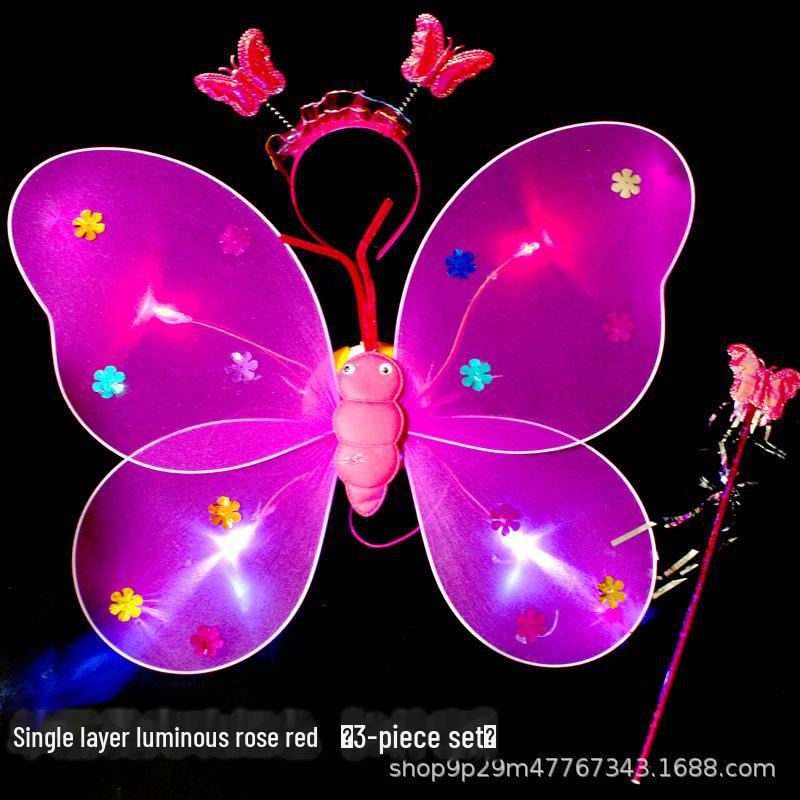 Children's Glow Angel Costume: Girl's Gauze Skirt with Flashing Wings and 20-Light Butterfly Design, 3-Piece Set.