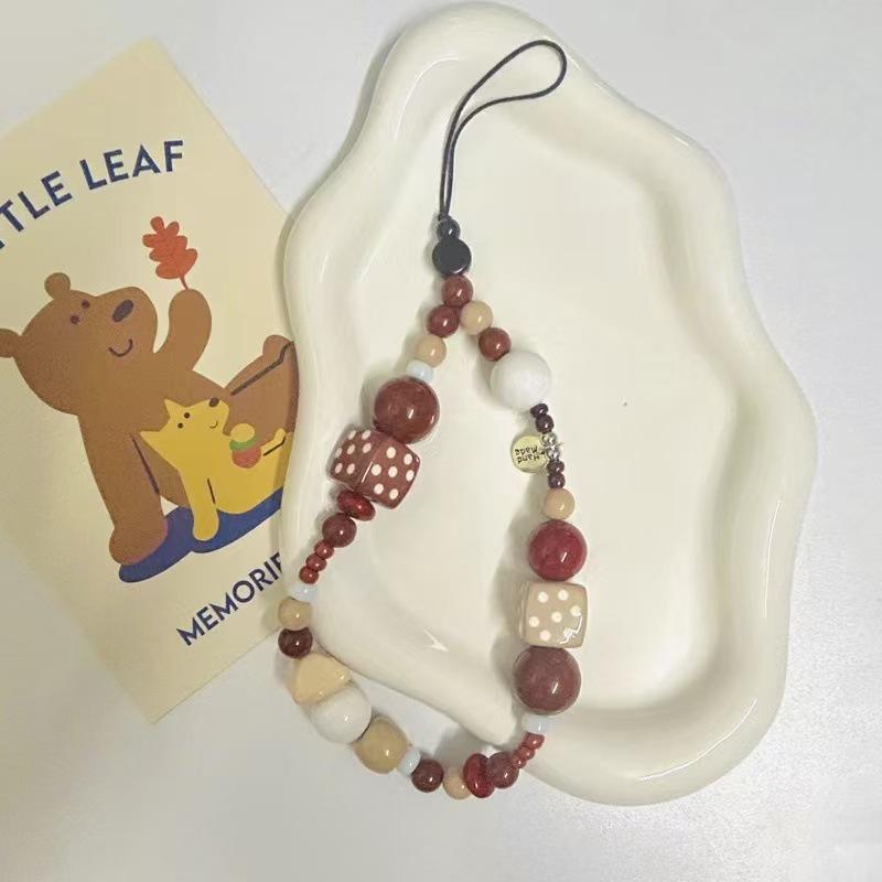 

Милая универсальная цепочка для телефона ручной работы - Осенне-зимняя коричнево-абрикосовая с квадратными кубиками и подвеской в виде камеры