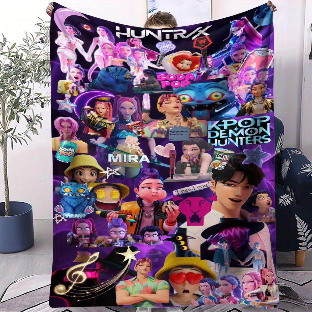 K-POP Demon Hunters Flannel Blanket Soft Warm Throw Character Collage Pattern Sofa Bed Cover Travel Camping Nap Cape Fans Gift
