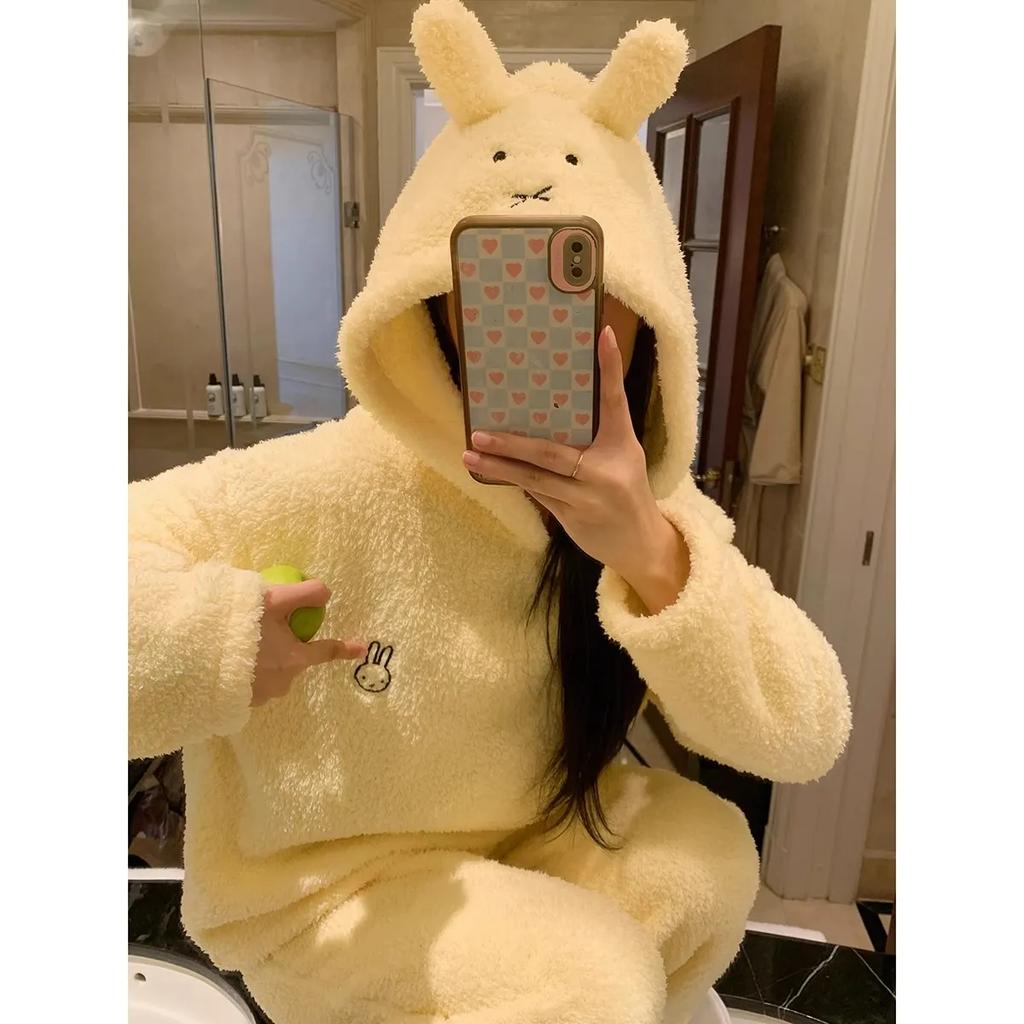 Cute Rabbit Half-velvet Hooded Pajamas Women Can Wear Warm Home Service Suits In Winter
