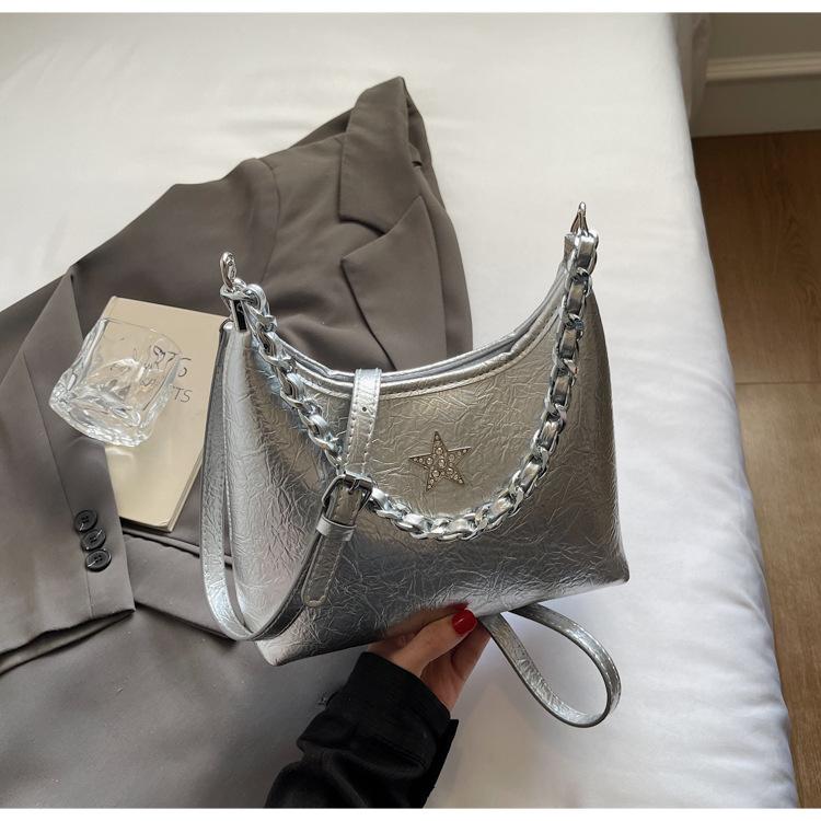 French chain portable shoulder bag summer new fashion bright diamond star underarm bag commuter women's bag oblique span bag tide
