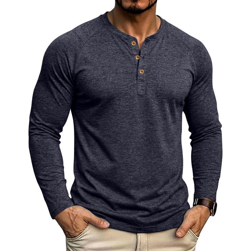 Mens Classic Style Henley Pullover Tops Raglan Long Sleeve Solid Color Daily Casual Wear Crew Neck Basic T Shirts