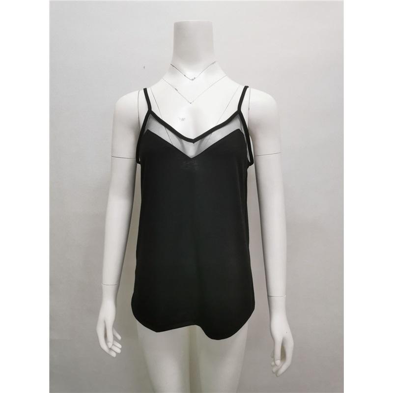 Solid Color Spaghetti Straps Mesh V-neck Splicing Camisole Small Tank Tops Female