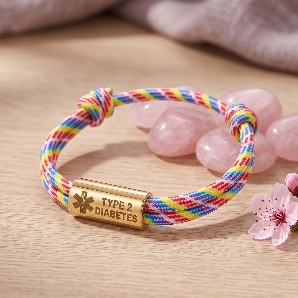 Bracciale Diabete di Tipo 2 Acciaio Inossidabile Barra Incisa Corda di Nylon Intrecciata Doppia per Uomo Donna