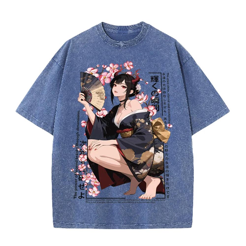 2026vintage Gewaschenes Beige Anime Kimono Mädchen Kirschblüten Grafik T-Shirt Japanischer Stil Druck Übergroß Lässig Kurzarm Tee