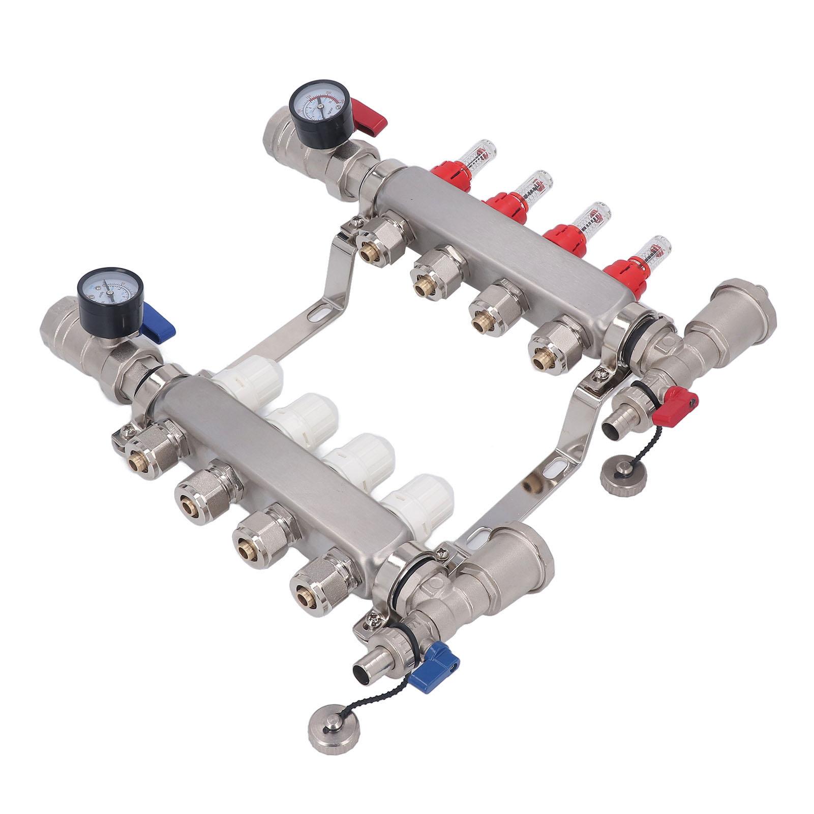 

Коллектор для теплого пола 4 петли G1 Нержавеющая сталь 304 Набор теплового коллектора с видимыми регулируемыми расходомерами
