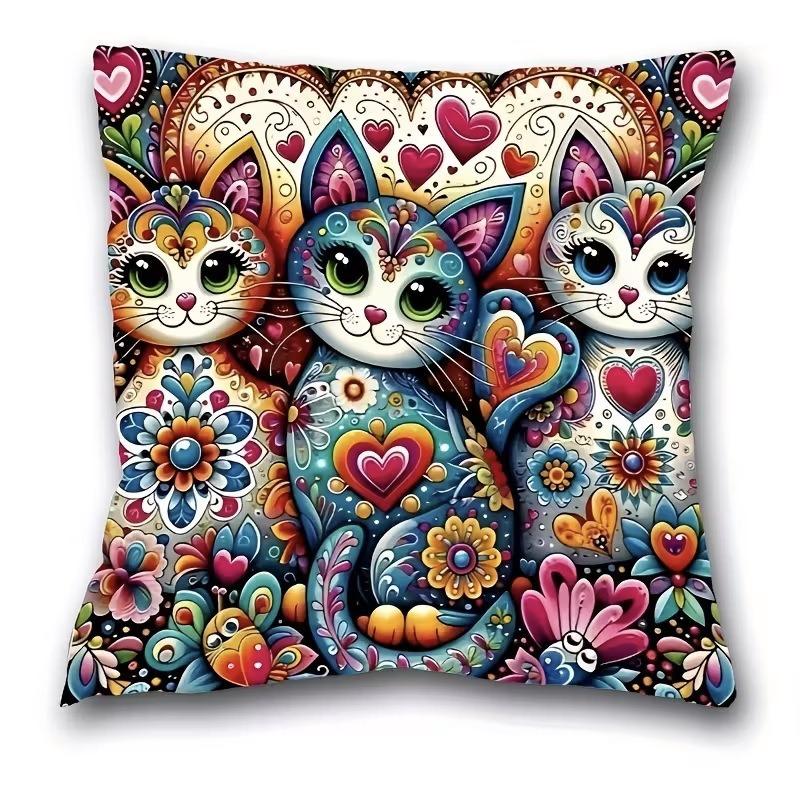 Colorful Bohemian Short Plush Pillowcase 45x45cm Adorable Kitten Living Room Bedroom Decor (Pillow Insert Not Included)