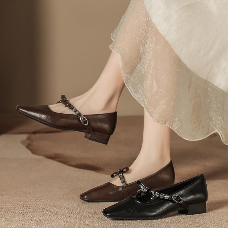 H8563-9 Single Shoes Women's Bow with Buckle Thick Heel Mary Jane Commuting Temperament Women's Shoes Square Head Retro