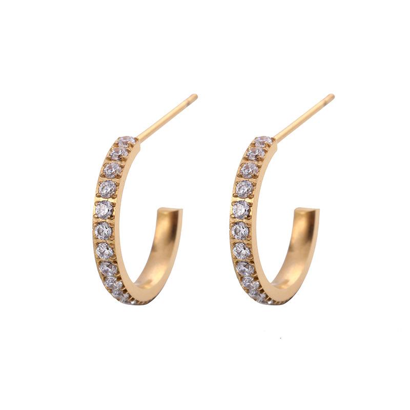 Personalized Design Earrings Fashion Zircon Titanium Steel Earrings Plated 18K Gold Hip Hop C Earrings