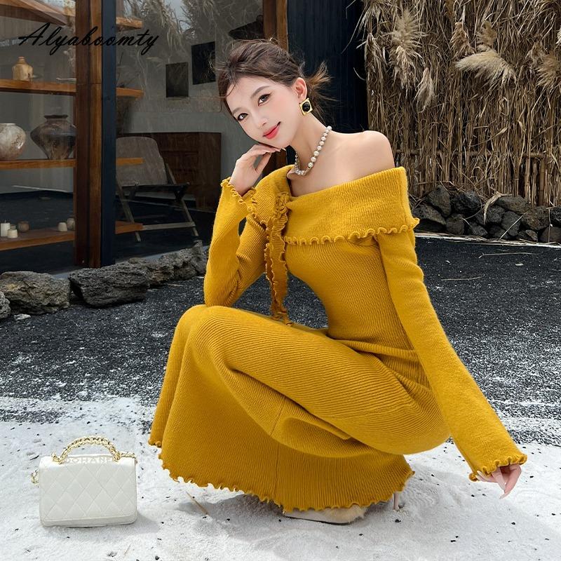 French Style Autumn Winter Women Sweater Dress Slash Neck Beige Yellow Floral Knitting Dress Knitted Feminine Elegant Chic Dress