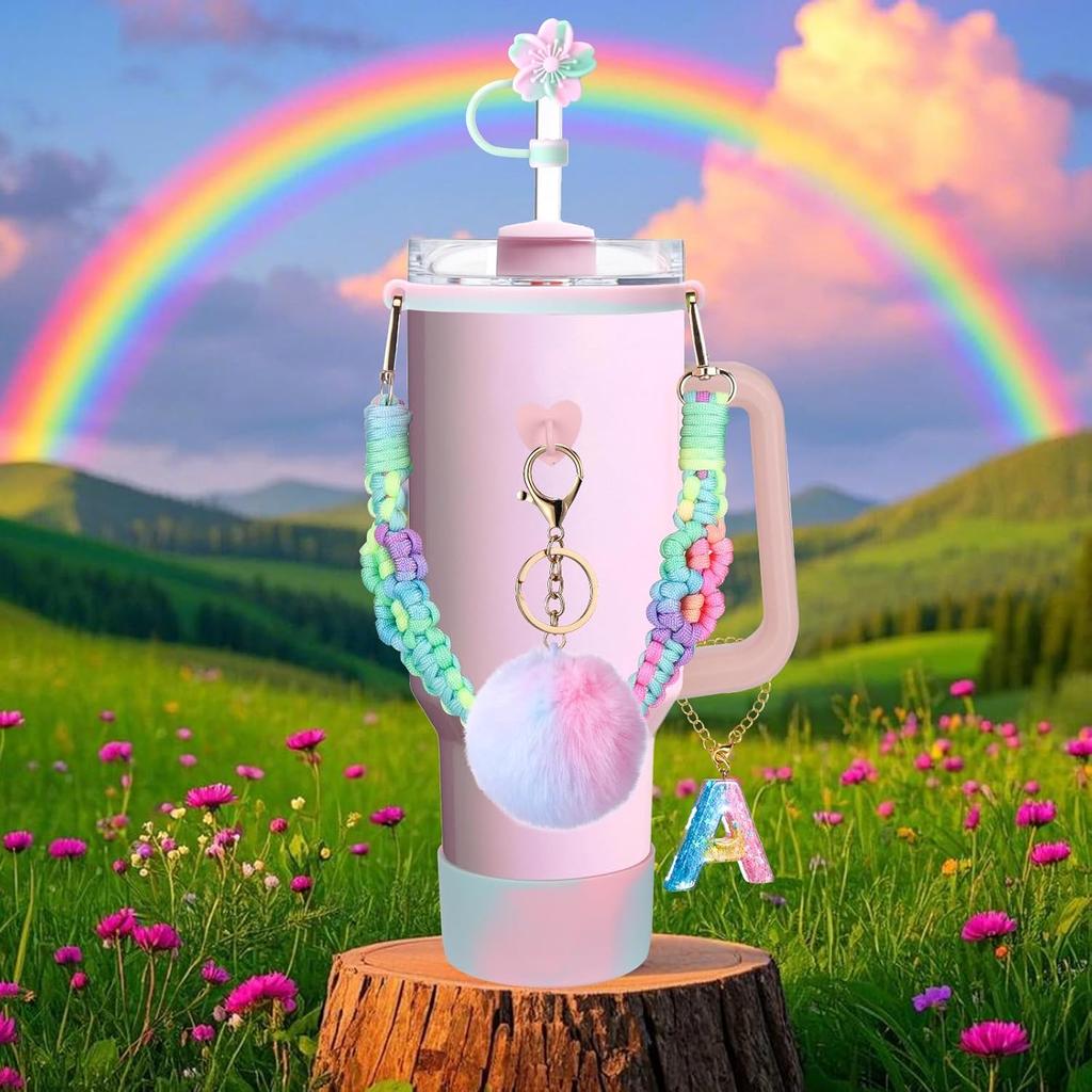 9Pcs A-E Hand-made Straw Cap Case Charm Chain Pendant Set for Stanley Bottle Tumbler Siliocne Cup Boot Handle Cup Accessories