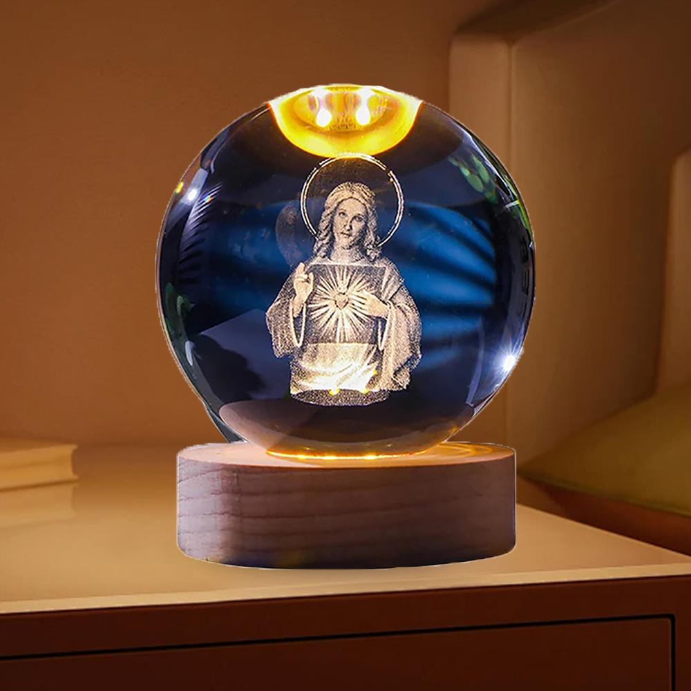 3D Creative Engrave Crystal Ball with Wooden Base USB Charging LED Crystal Ball Night Light Lighted Crystal Ball Art Decoration