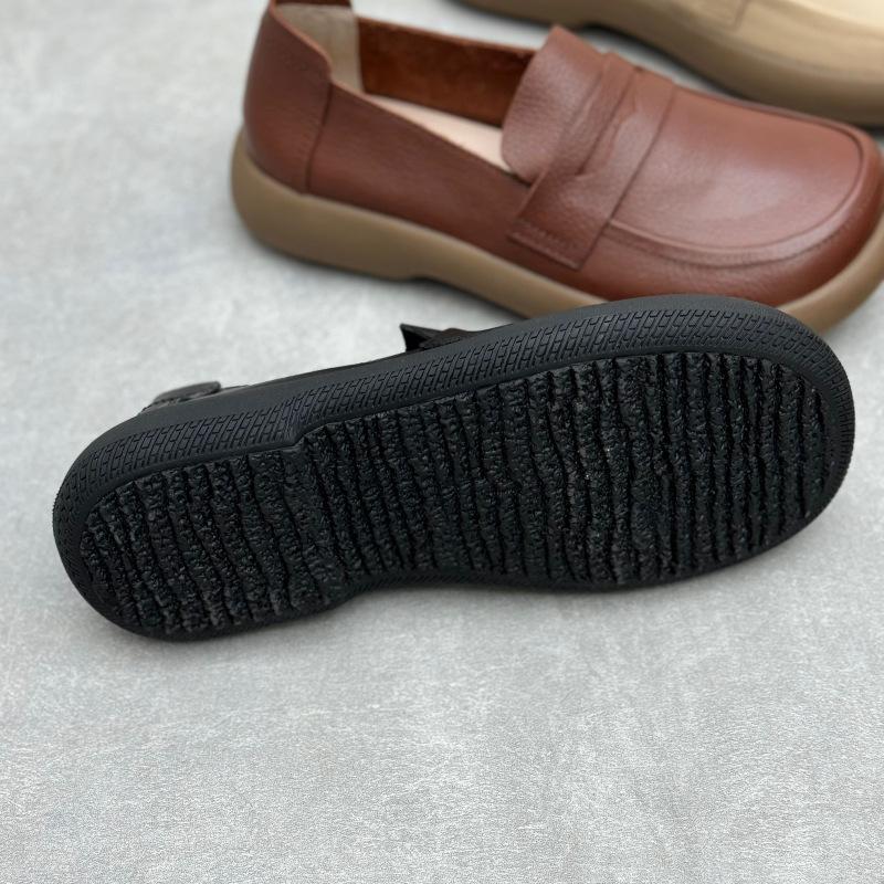 Johnature Handmade Genuine Leather Loafers Vintage Round Toe Flat Women's Slip-on Shoes