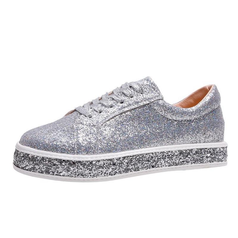 Women Vulcanize Shoes Sneakers Sliver Bling Shoes Girl Flat Glitter Sneakers Casual Female Breathable Lace Up Sport Shoes