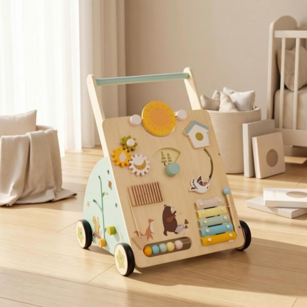 Wooden Baby Stroller Adjustable Interactive for Nursery
