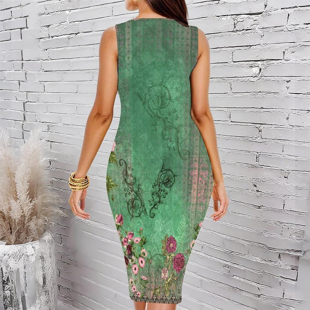Women Plus Size Sleeveless Round Neck Midi Bodycon Dress Green Vintage Ornate Floral Scroll Print Slim Fit Dress