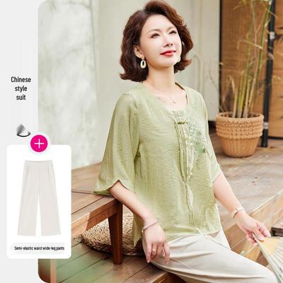 Pasiter New Chinese Style Embroidered Top & Pants Set for Mothers