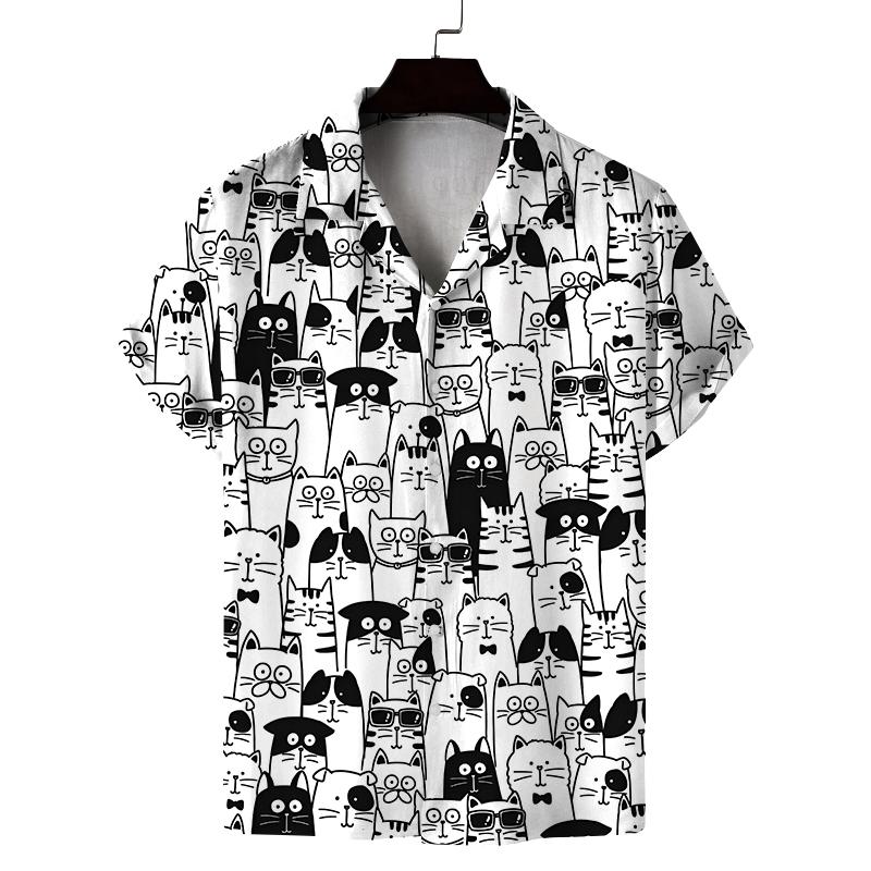 New Summer Shirt Men's Short Cat Pattern 3D Printed Design Casual Commuting Fashion All-Match Personality Breathable Daily