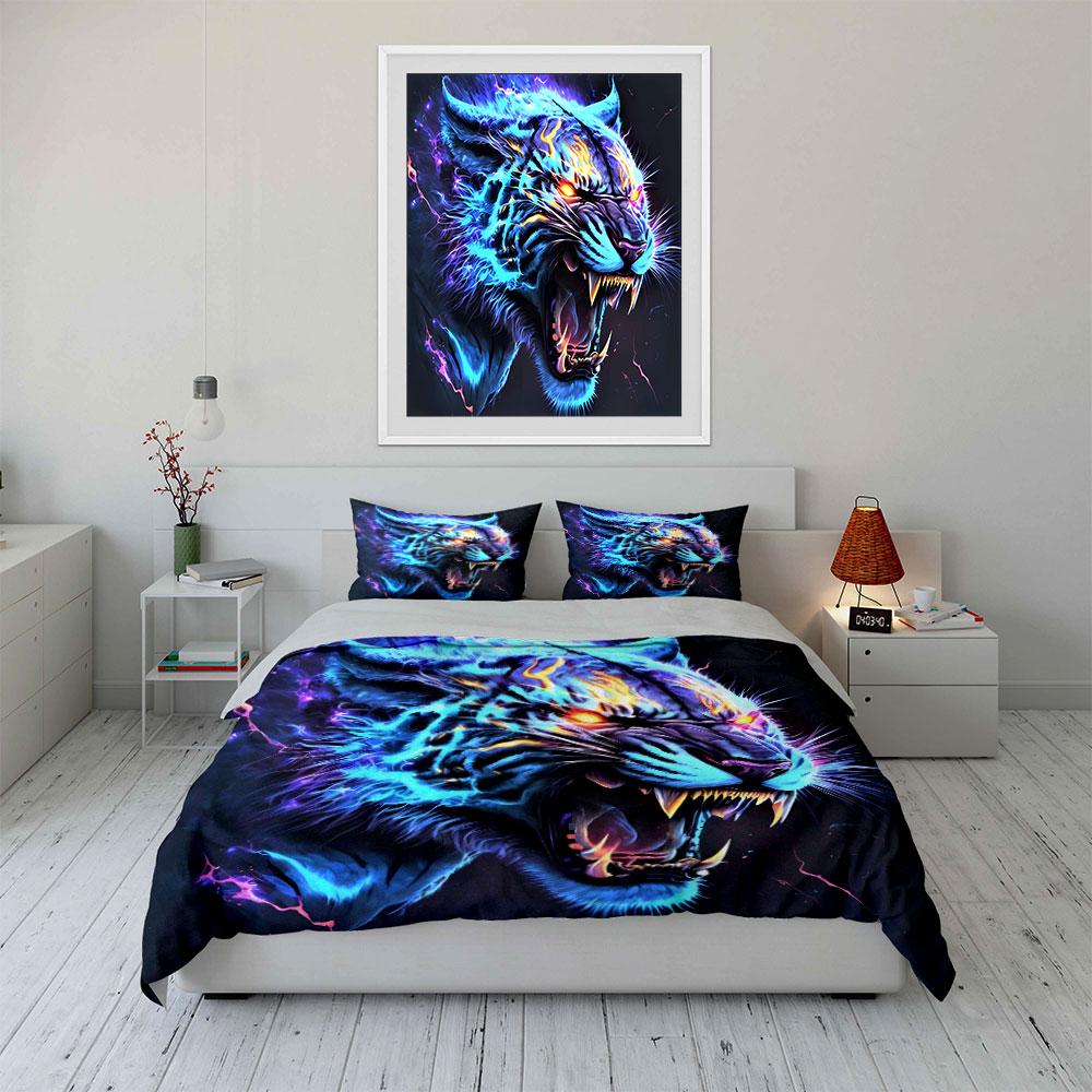 Glowing, Fiery Roaring Tiger. Print Bedding Set 1 Duvet Cover 2 Pillowcases for Adult and Children Luxury Gift Full Size